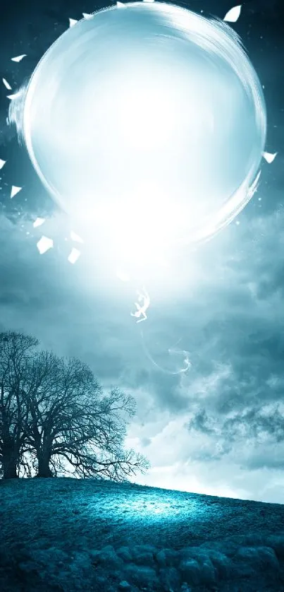 Mystical night sky with glowing orb over landscape.