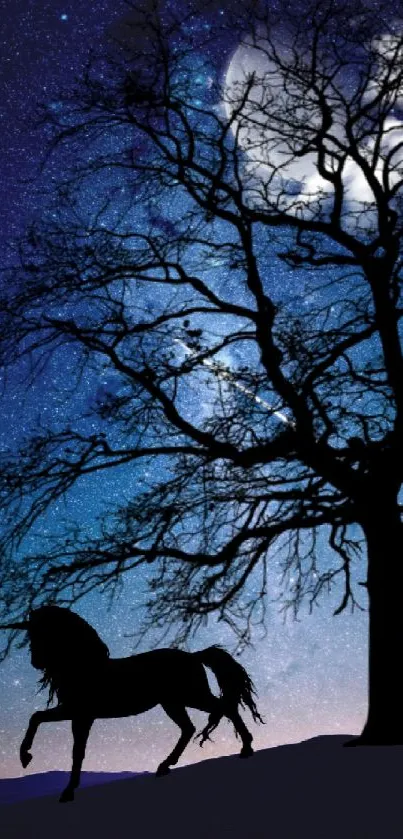 Silhouette of horse and tree under moonlit sky wallpaper.