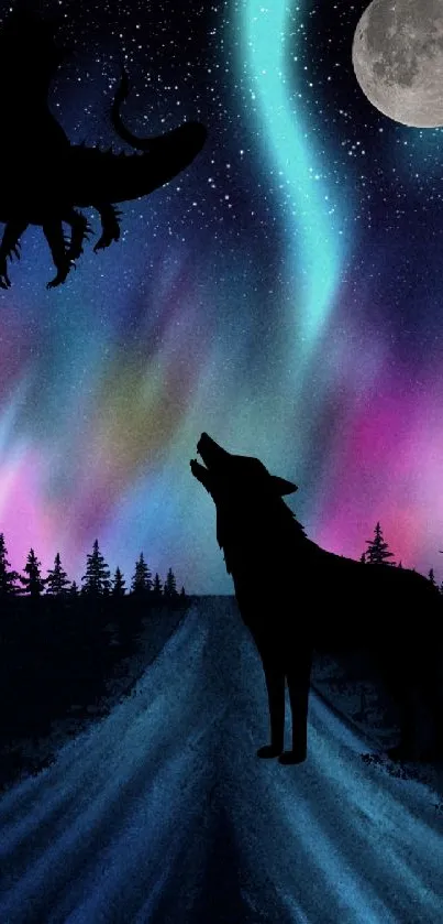 Silhouetted wolf and dragon under colorful aurora in night sky wallpaper.