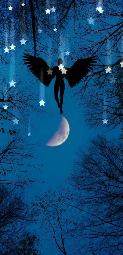 An angel silhouette flies above trees and a crescent moon in a dark blue night sky.