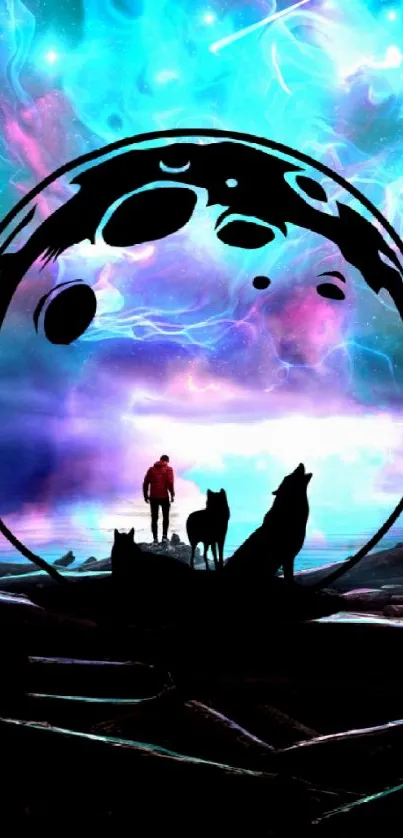 Mystical wallpaper with cosmic sky and silhouette of figure and dogs.