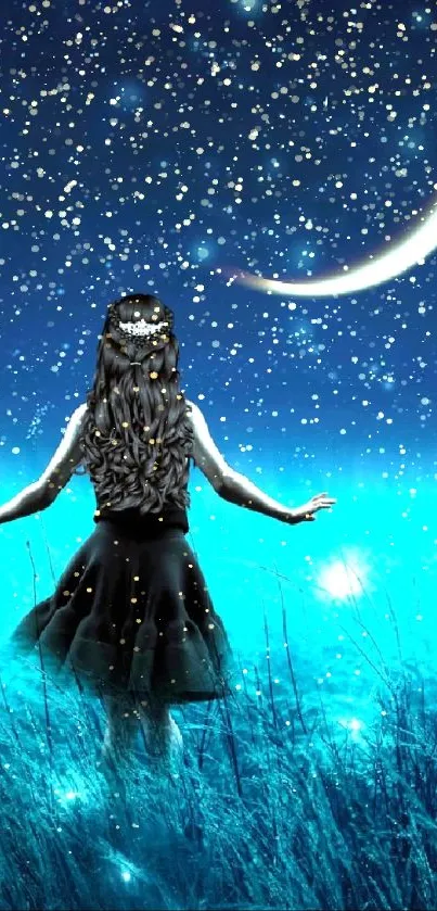 Girl stands under crescent moon in starry night sky wallpaper.