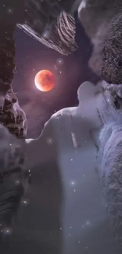 Mystical night sky with red moon and rugged cliffs.