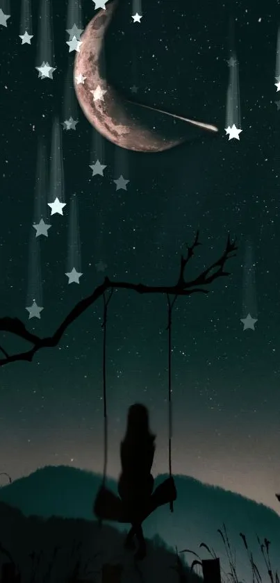 Mystical night sky with moon and stars in silhouette.