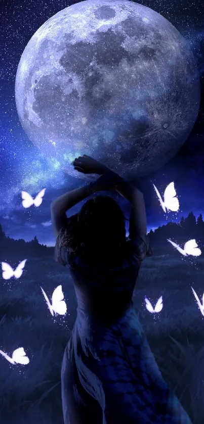 Silhouette of woman with butterflies under a full moon.