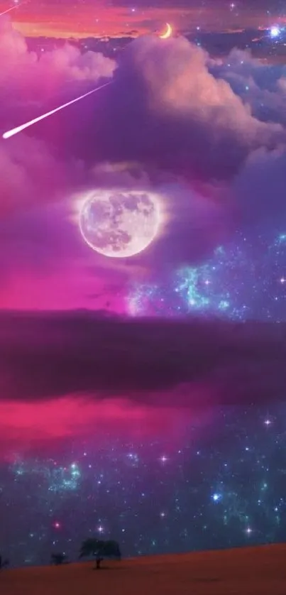 Mystical night sky wallpaper with a full moon and vibrant pink clouds.