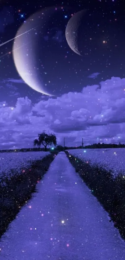 Mystical night sky with a crescent moon over a purple landscape.