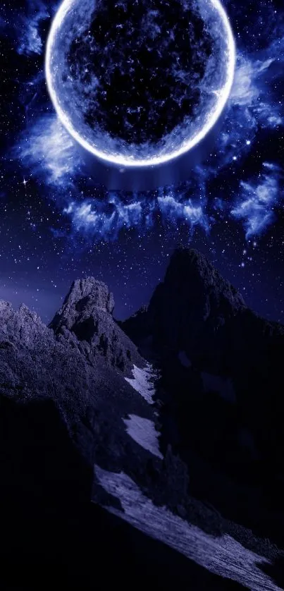 Mystical blue celestial body over mountains at night in a mobile wallpaper.