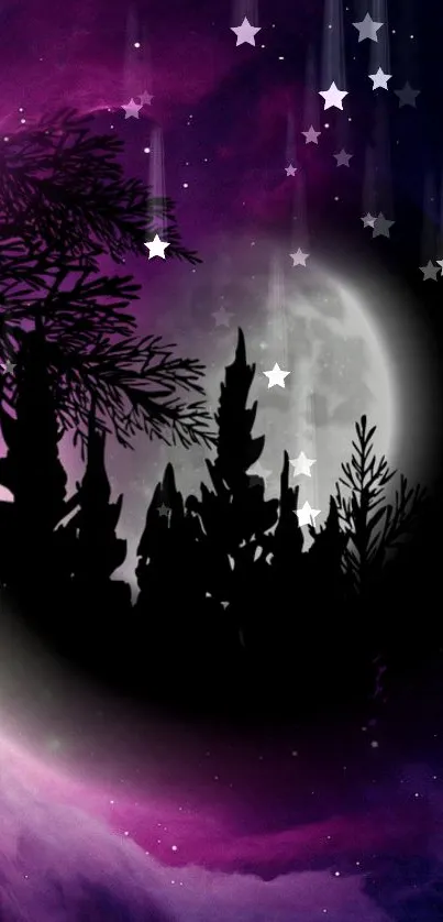 Mystical night sky wallpaper with silhouetted trees and shimmering stars.