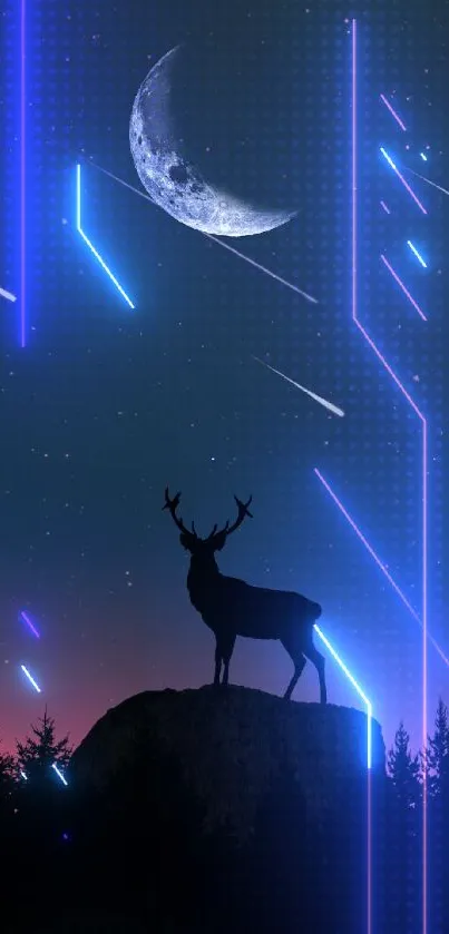 Silhouette of a deer under a crescent moon and starry sky.