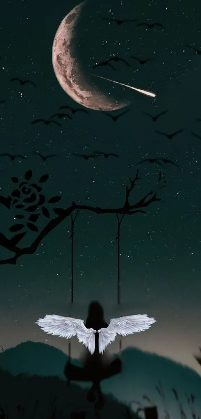 A mystical wallpaper with a crescent moon, shooting star, and silhouetted swing at night.