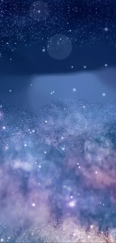 Mystical night sky wallpaper with stars and clouds in blue tones.