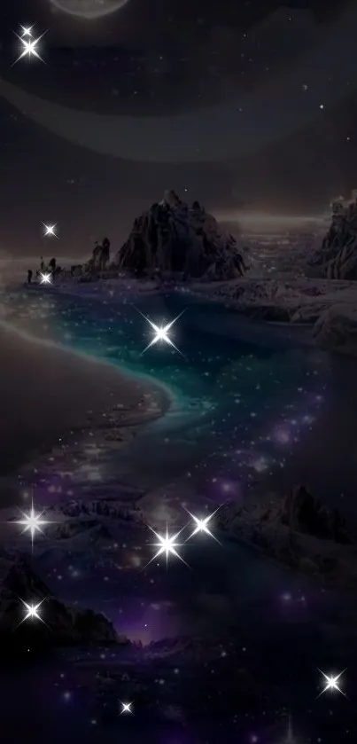 Mystical night sky with stars and icy mountains.