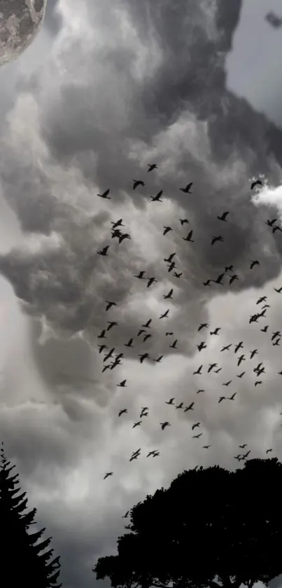 Birds in a cloudy, nighttime sky with a silhouette of trees and the moon.