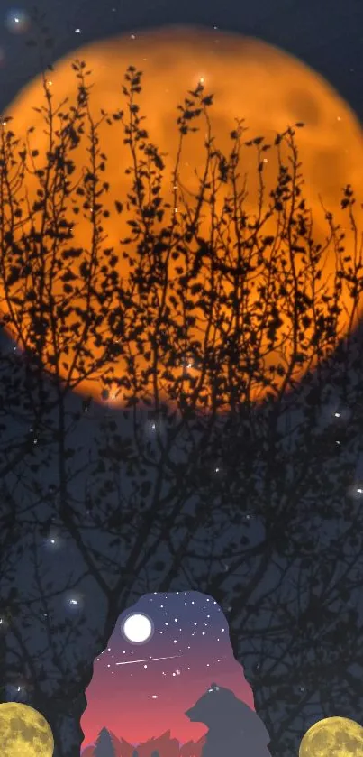 Dark blue night sky with a bright orange moon and silhouetted trees.