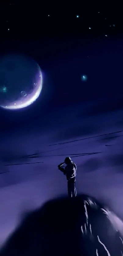 A lone figure gazes at a night sky with a crescent moon and stars.