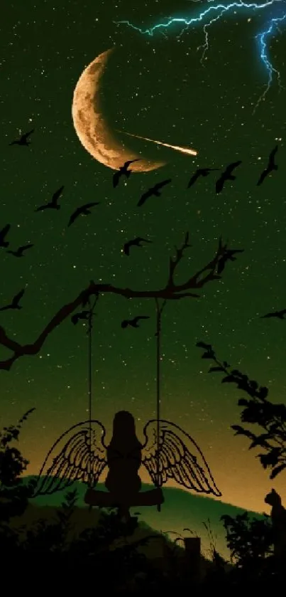 Mystical night sky with moon, angel on swing, and birds in silhouette.