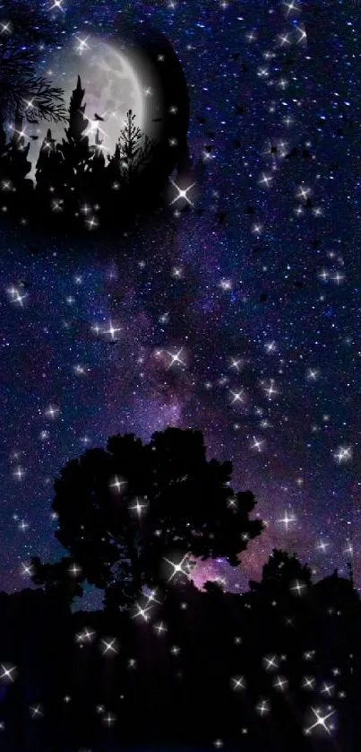 Night sky wallpaper with moon and stars glowing brightly.