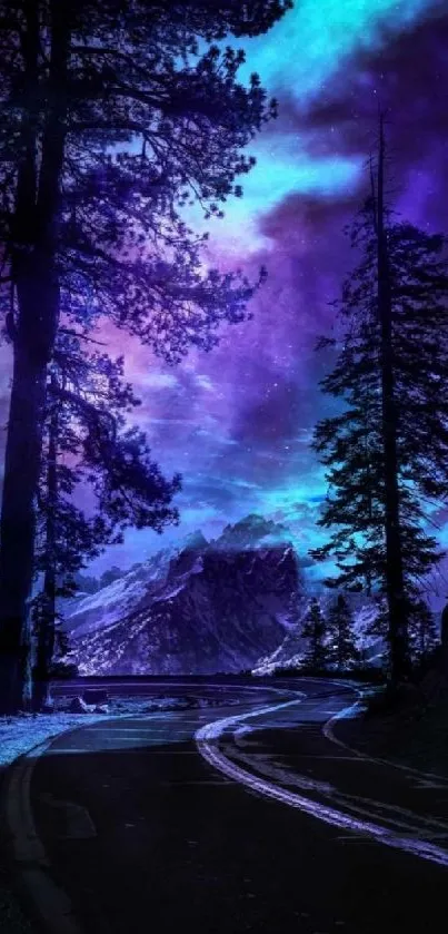 Mystical night sky with forest and mountain scene.