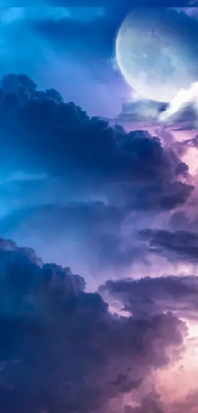 Mystical night sky wallpaper with clouds, moon, and lightning.