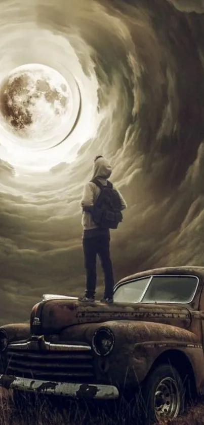 Hooded traveler on car under moonlit sky with swirling clouds.