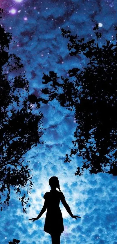 Silhouette under a starry night sky with trees.