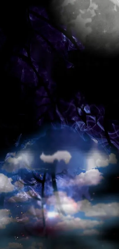 Mystical night sky with clouds and moon in purple hues wallpaper.