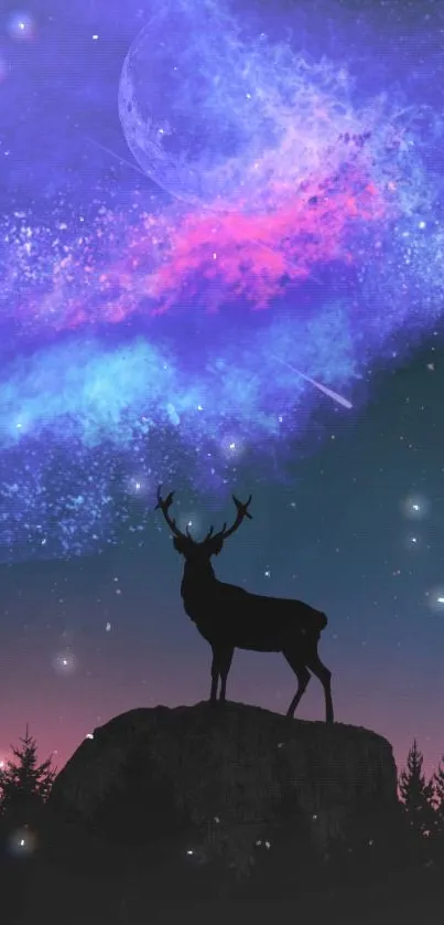 Silhouetted deer under a dynamic, colorful galaxy night sky.