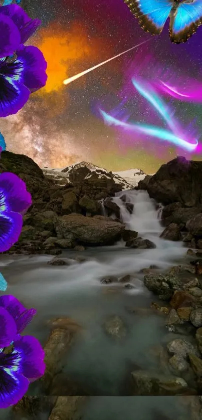 Violet flowers and butterfly in a mystical night sky wallpaper.