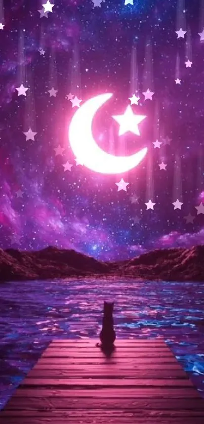 Mystical night sky with pink moon and star reflecting on a serene water surface.