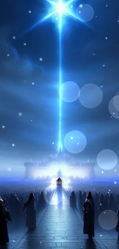 Mystical night sky with a bright star over a distant fantasy city.