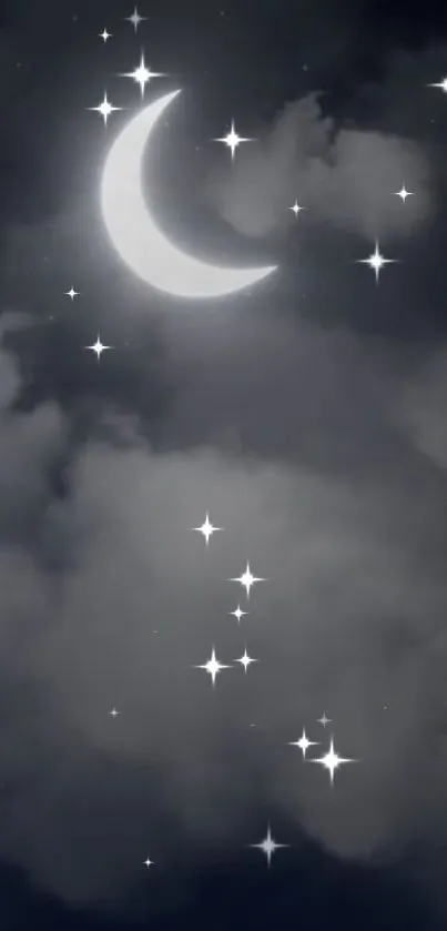 Mystical crescent moon and stars in a dark cloudy night sky wallpaper.