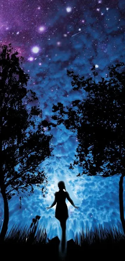Silhouette in a starry blue night sky with trees.