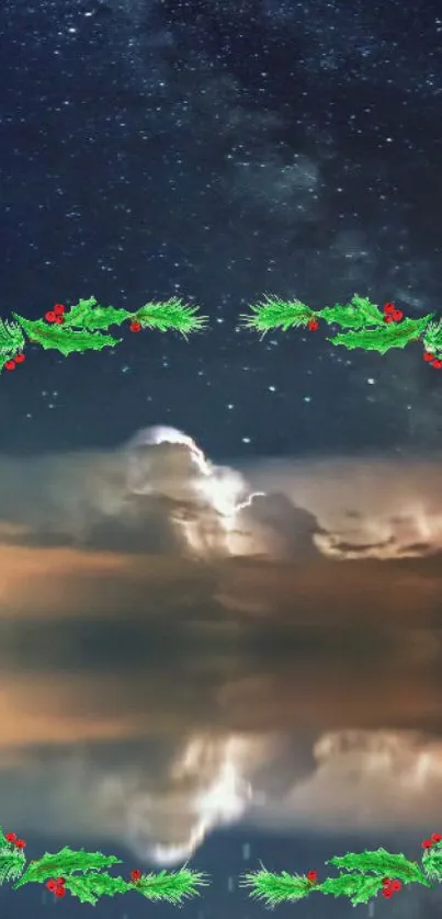 Mystical night sky with festive holly frame.