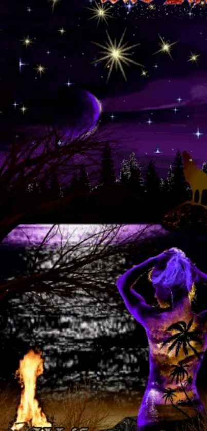 Mystical night scene with stars, a wolf, and a purple-lit lake.