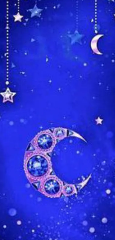 Mobile wallpaper with crescent moon and stars in a blue night sky.