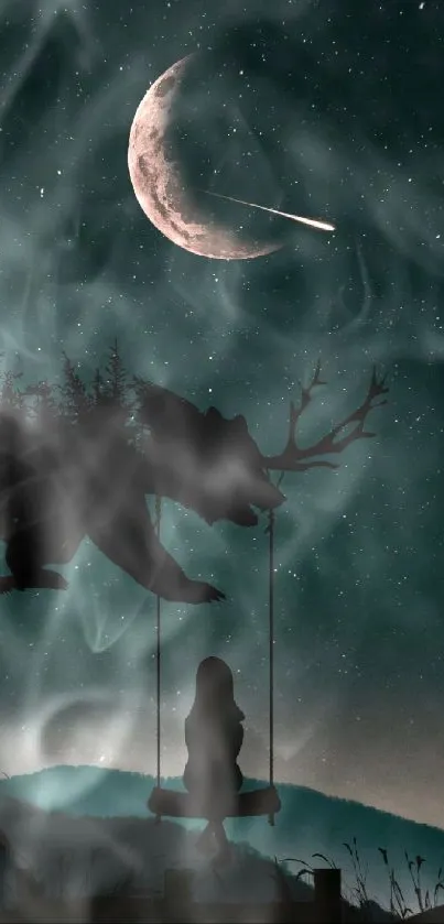 Mystical night sky with moon and girl on swing silhouette wallpaper.