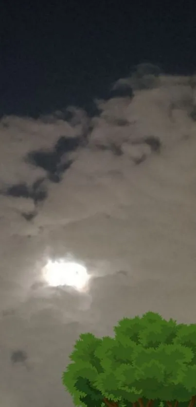 Full moon amid clouds with tree silhouette at night.