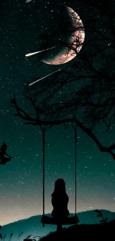 Night sky with a silhouette on a swing under stars and moon.