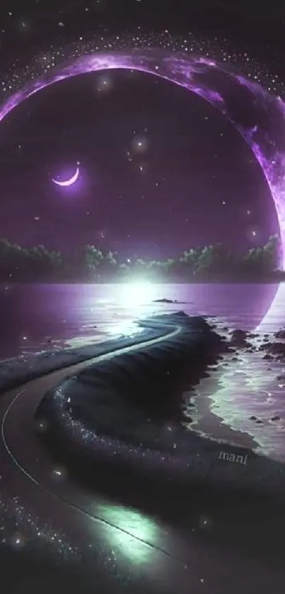 Mystical night landscape with crescent moon reflection.