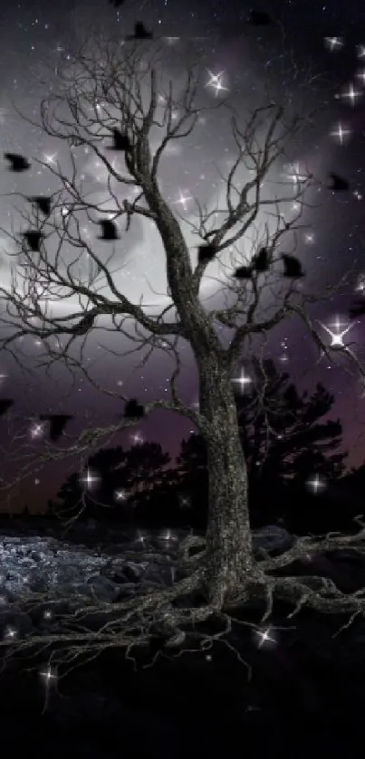 A mystical night scene with a tree and crows under the moonlight.