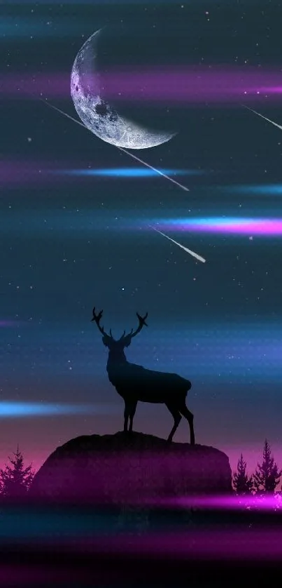 Deer silhouette with crescent moon and shooting stars on a mystical night sky.