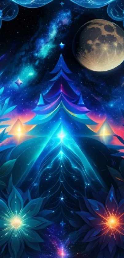 Vibrant night sky wallpaper with glowing moon and colorful cosmic elements.