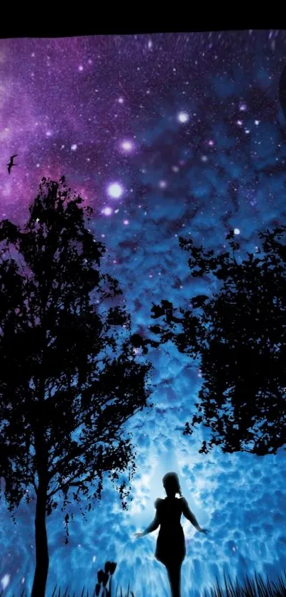 Silhouette under a starry night sky with trees and purple galaxy.