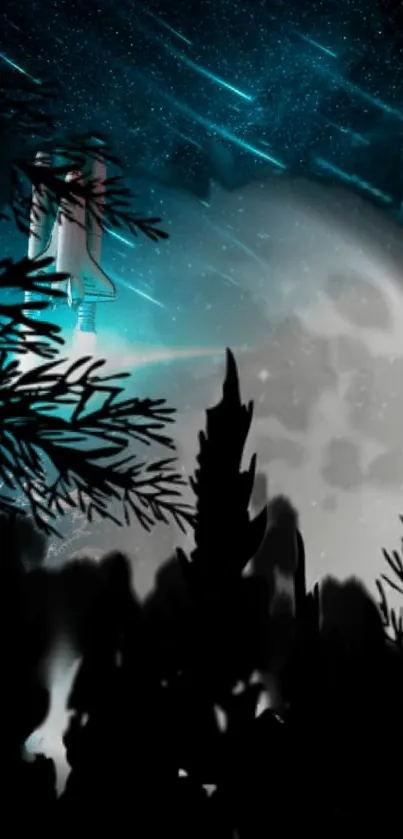 Mystical night sky wallpaper with moon and silhouettes.