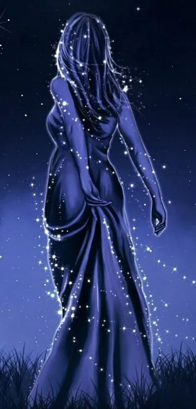 Silhouette of a woman under starry sky in blue tones.