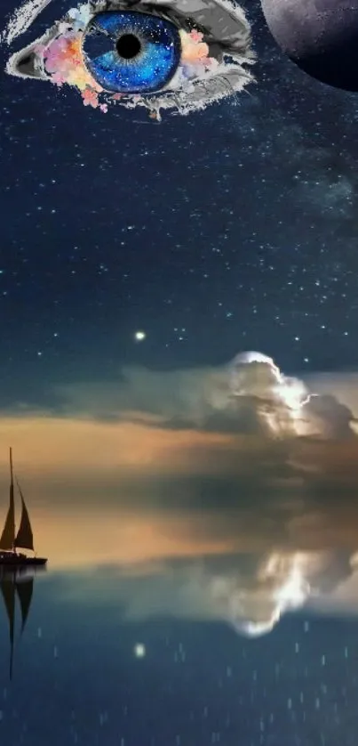 Mystical night sky wallpaper with boat and artistic eye.