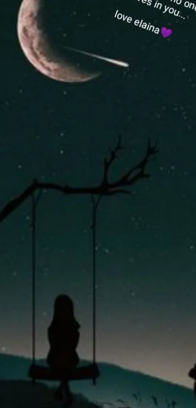 Silhouette on a swing under a mystical night sky.