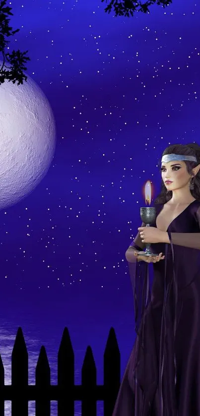 Mystical woman under a starry moonlit night holding a candle.