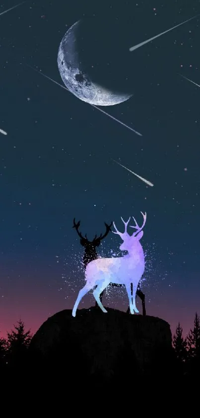 Glowing deer under a moonlit sky with shooting stars and a crescent moon.